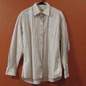 Burberry London Men Large Red White Blue Stripe Button Down Long Sleeve Shirt